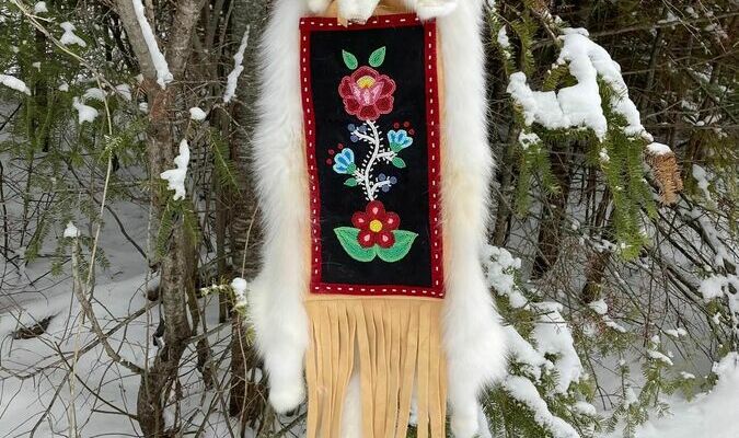 Teresa's Arctic Fox bag with beadwork, currently on display at All My Relations Arts. Photo submitted by Teresa McDowell